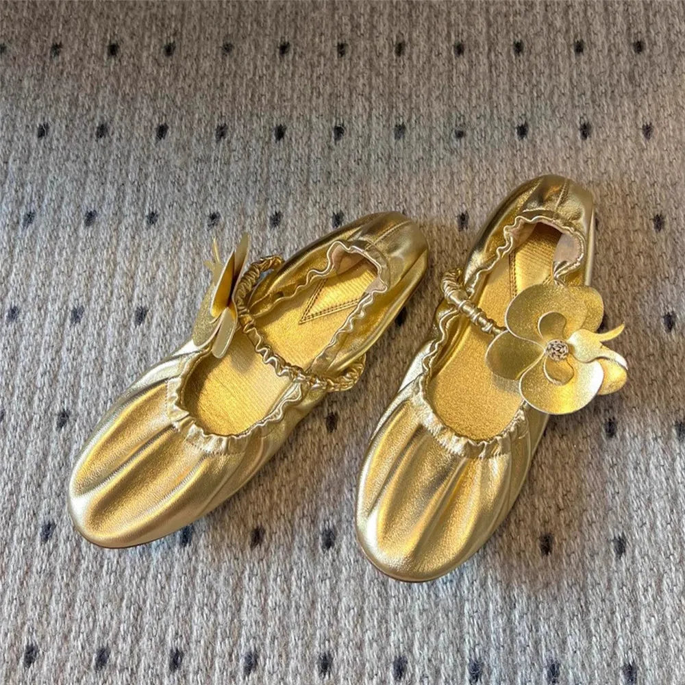 Round Toe Flower Sandals Flat Mary Janes Elastic Band Ballet Shoes Slip on Wrinkles Summer Dress Shoes