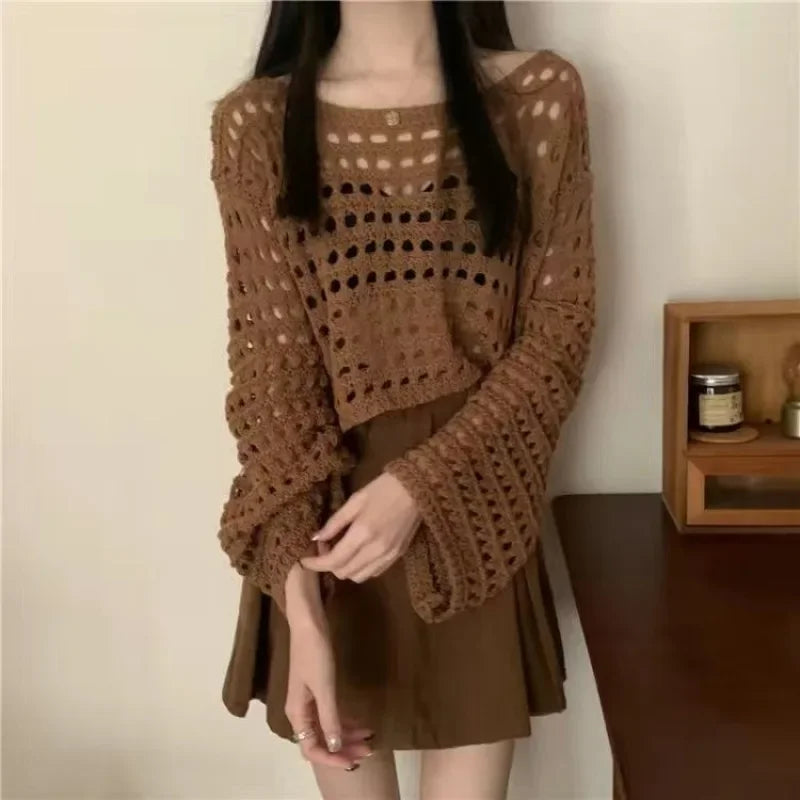 Hollow Out T-shirt Knit Sweater Loose Y2k T-shirt Crewneck Thin Sweater Autumn Pullovers