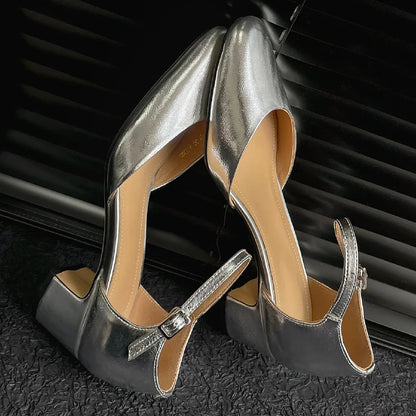 Genuine Leather 4.5cm Thick Med Heel Round Toe Ankle Strap Sandals Soft Comfortable Summer Shoes