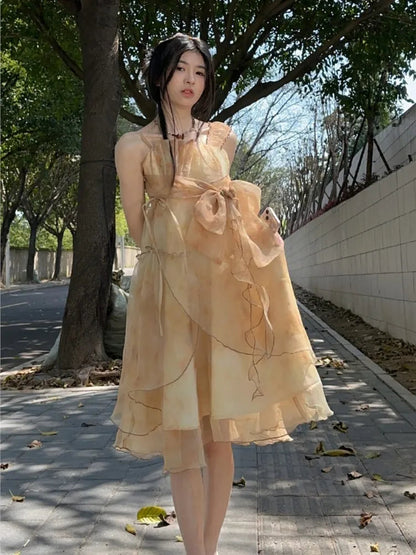 Summer Tie Dye Mesh Midi Dresses Sleeveless Fairy Bow Design Dress Female Irregular Ruffles Backless Dresses