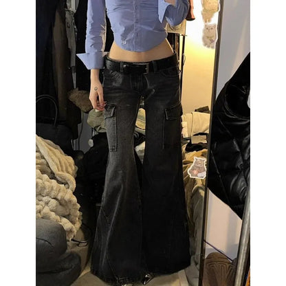 Y2k Flare Cargo Jeans Woman American Retro Low Waist Black Denim Pants Grunge Gothic New Trousers