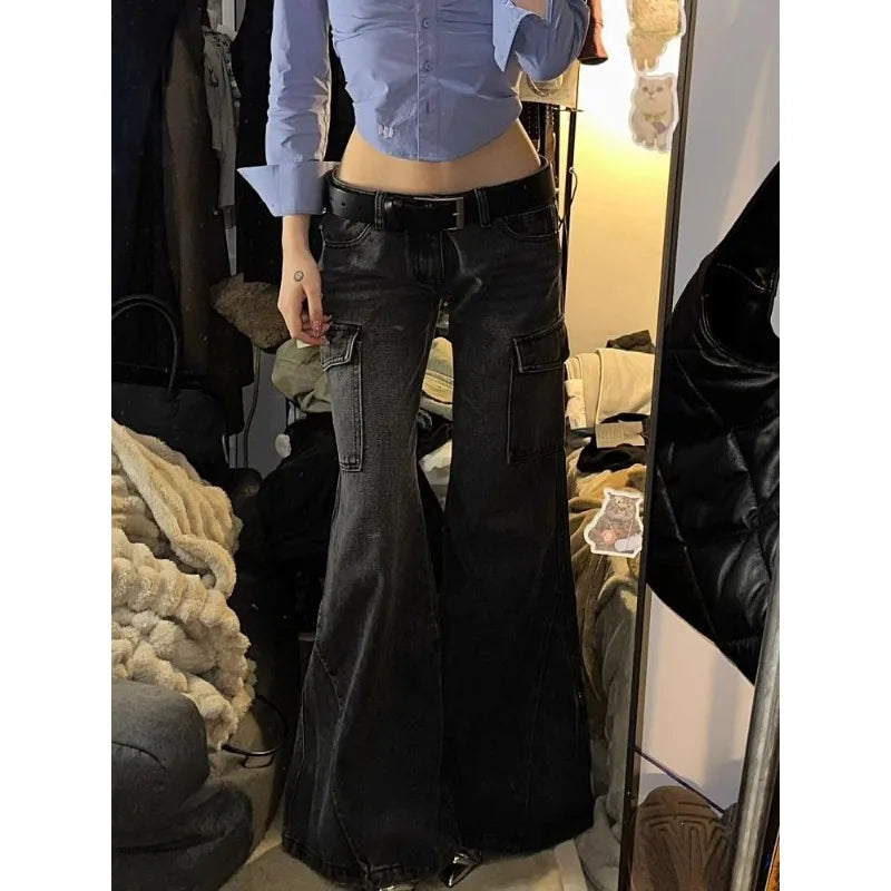 Y2k Flare Cargo Jeans Woman American Retro Low Waist Black Denim Pants Grunge Gothic New Trousers