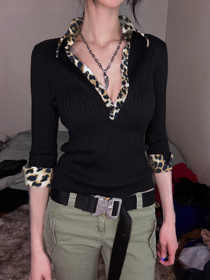 Leopard Up Turn Down Collar Button Long Sleeve Blouses S Autumn New Knitter Basic Top Tees