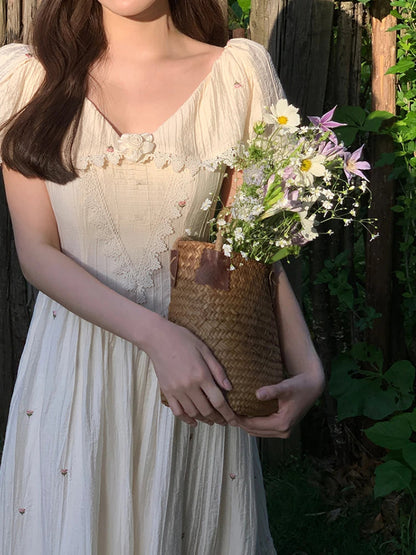 Summer French Embroidery Fairy Midi Dress Party Dress Style One Piece Dress Korean