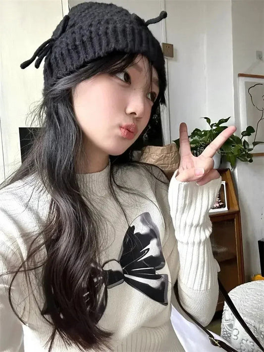 White Bow Graphic Sweater Half High Collar Kawaii Long Sleeve Knitwear Skinny Y2k Aesthetics Autumn Winter Clothes