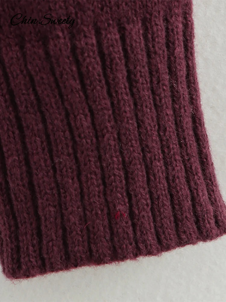 Burgundy Off Shoulder Sweater Knitted Long Sleeve Slim Fit Pullover Top Spring High Street Knitwear