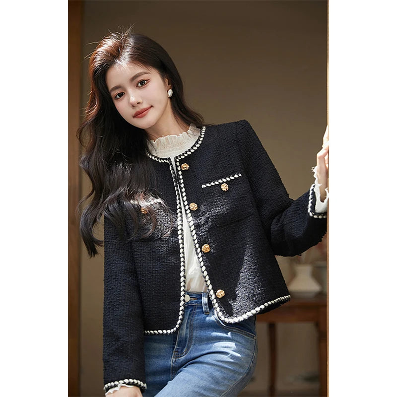 Cropped Tweed Jacket Black Quilted Coat Blazer Winter Single Breasted Thicken Outerwear Tops