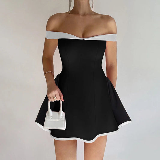 Tube Top Gown Dress for Slim Contrast Color Mini Dresses Backless One-shoulder Clothes Female