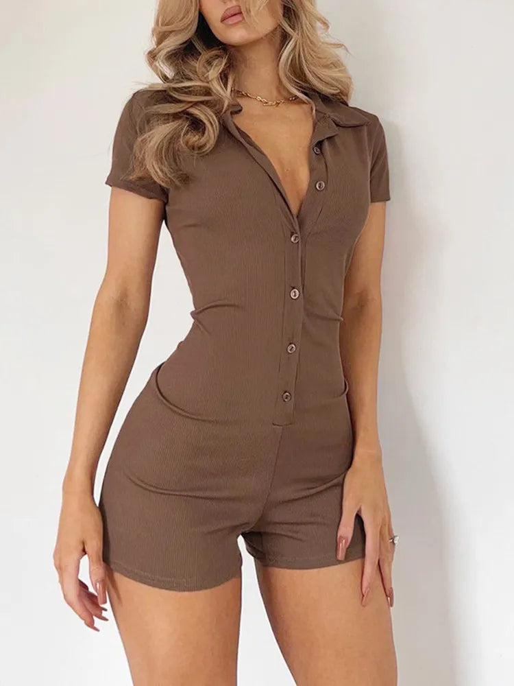 Color Lapel Short Playsuit One-piece Slim Fit Button Down Short Sleeve Rompers Knit Y2k Clothing