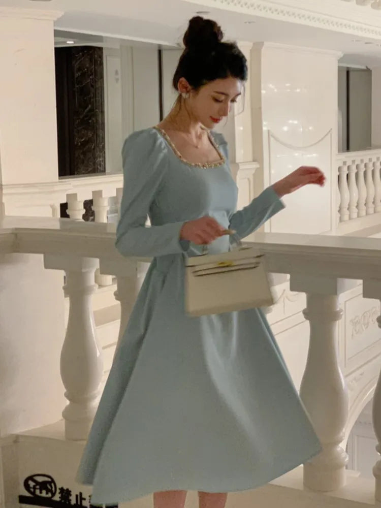 Autumn Red Midi Dresses for Long Sleeve Diamonds Square Collar Slim Waist Aline Party Dress Female Clothing New