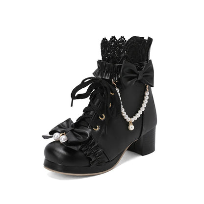 Lolita Ankle Short Boots Round Toe Kawaii Thick Mid Heels Zipper Bead Bow Laceup Lady Cosplay Shoes Autumn Winter