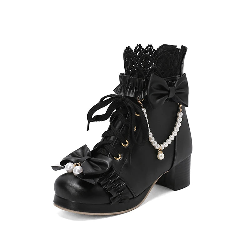 Lolita Ankle Short Boots Round Toe Kawaii Thick Mid Heels Zipper Bead Bow Laceup Lady Cosplay Shoes Autumn Winter