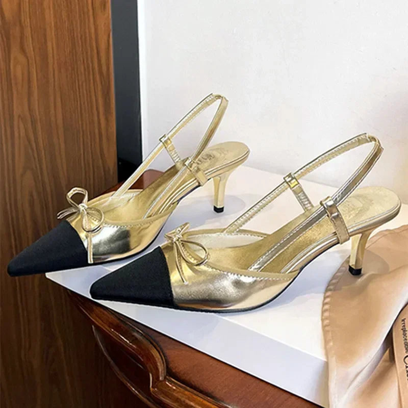 Bow Brands Pointed Toe High Heels Summer Thin Heeled Sandals Back Strap Mules Shoes Gold Silver Pumps