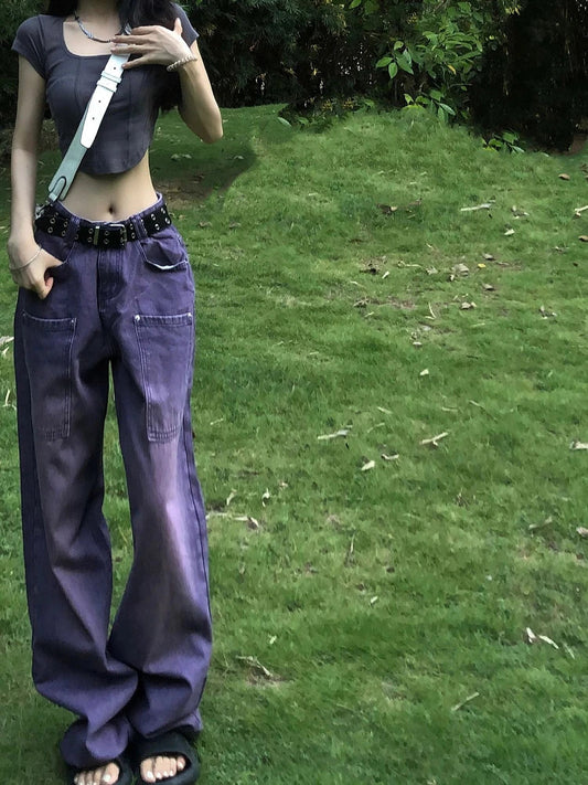 Woman Aesthetics Jeans American Style Denim Gyaru Pants High Street Tide Floorlength Wide Leg Straight Leg Tiedyed