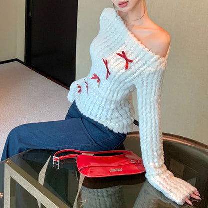 Strapless Slim Long Sleeve Sweater Autumn New Korean Contrast Color Bow Patchwork Knitted Tops