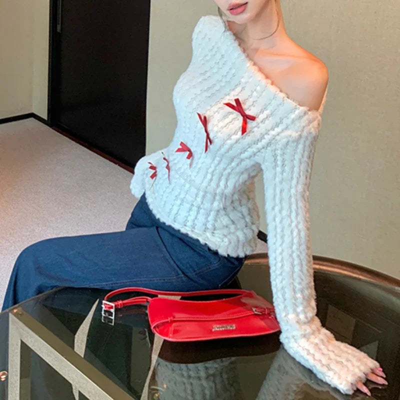 Strapless Slim Long Sleeve Sweater Autumn New Korean Contrast Color Bow Patchwork Knitted Tops