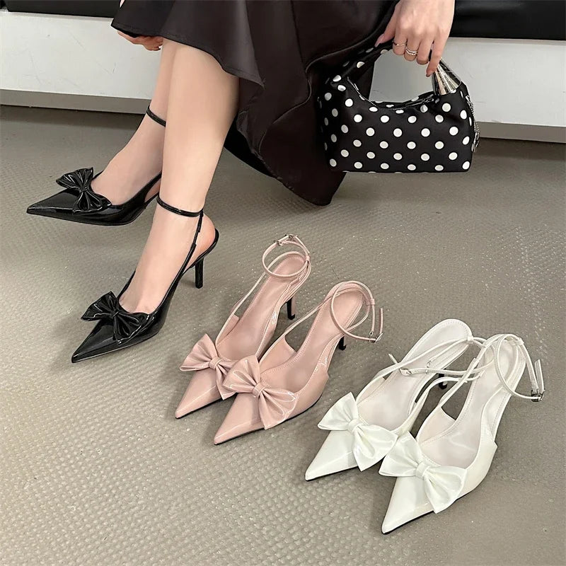 Spring Design Butterflyknot Woman Pumps Sandals Slingbacks Pointed Toe Ankle Buckle Strap Thin Low Heels Mules Shoes
