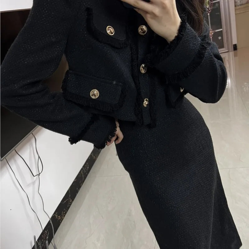 Korean Two-piece Skirt Sets Crop Jacket Coat Bodycon Midi Skirt Autumn Winter New Female Outfits