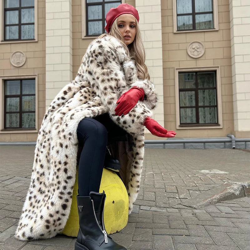 Exclusive Winter Long Belted Leopard Faux Fox Fur Coat Overcoats Stylish Street Fluffy Fox Fur Jacket