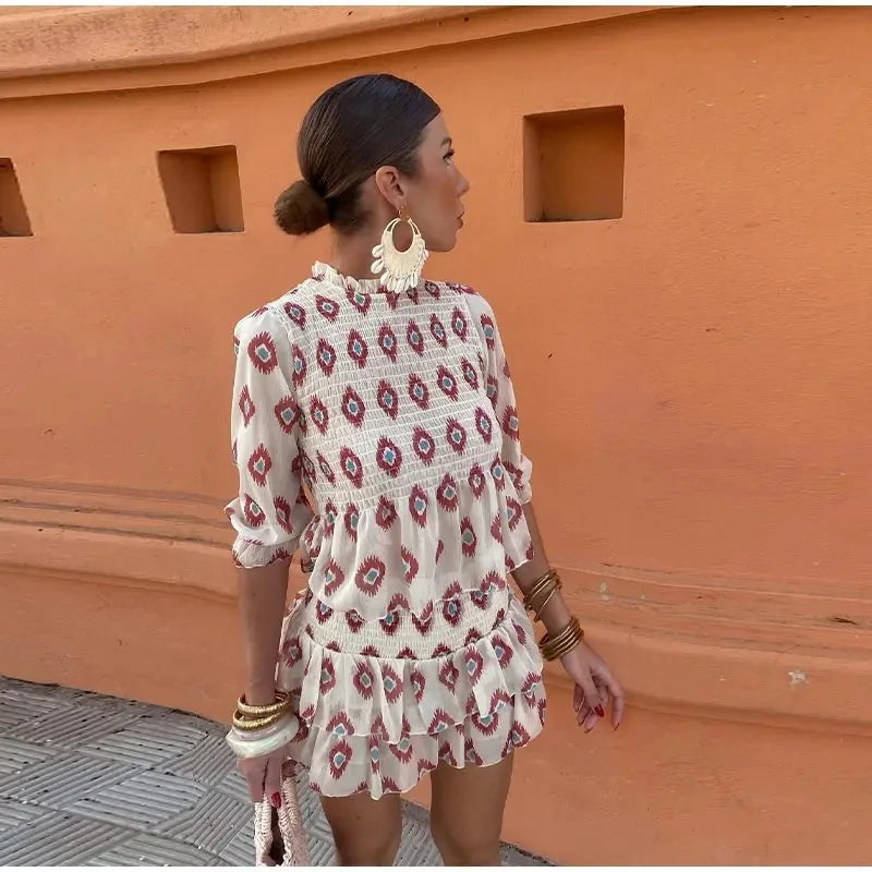 New Woman Ruffles Hem Mini Printed Shirt Skirt 2 Piece Set Female Puff Sleeve Blouse High Waist Mini Dress Suit Outfits