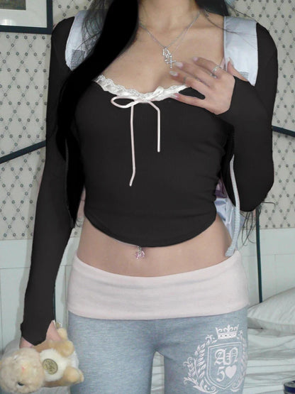 Sweet Fairy Style ��s Tops Autumn Long Sleeve Slim Knitted Bowknot Lace Trim Square Collar Blouses
