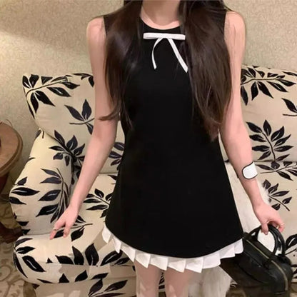 Mini Dresses Bow Patchwork Sleeveless Ruffles O Neck Sweet Party Dress Female Spring Summer