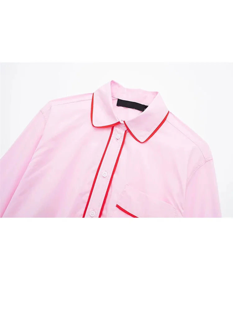 Spring Pink 2piece Set Woman Lapel Long Sleeves Single Breasted Shirts Crop Tops Female High Waist Wide Leg Pant