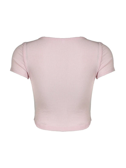 Balletcore Sweet Y2k Tie Lace Trim Square Collar Pink T-shirt Short Sleeve 2000s Kawaii Clothes