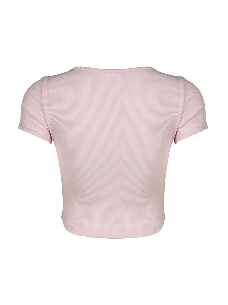 Balletcore Sweet Y2k Tie Lace Trim Square Collar Pink T-shirt Short Sleeve 2000s Kawaii Clothes