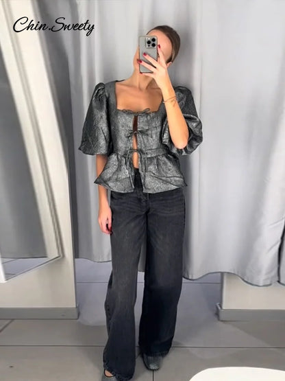 Square Collar Crop Blouses Lace Up Puff Short Sleeve Shirts Spring Summer Lady All-match Hollow Out Tops New