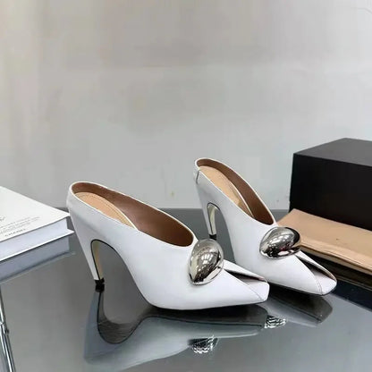 European and American Metal Buckle Slim High Heel Muller Fish Mouth Sandals Pointed Nightclub Runway Shoes