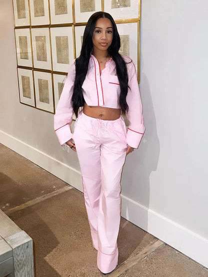 Spring Pink 2piece Set Woman Lapel Long Sleeves Single Breasted Shirts Crop Tops Female High Waist Wide Leg Pant