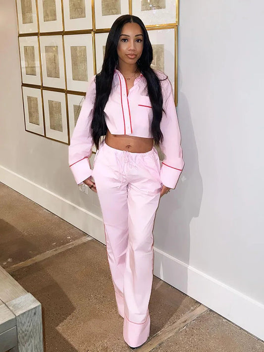 Spring Pink 2piece Set Woman Lapel Long Sleeves Single Breasted Shirts Crop Tops Female High Waist Wide Leg Pant