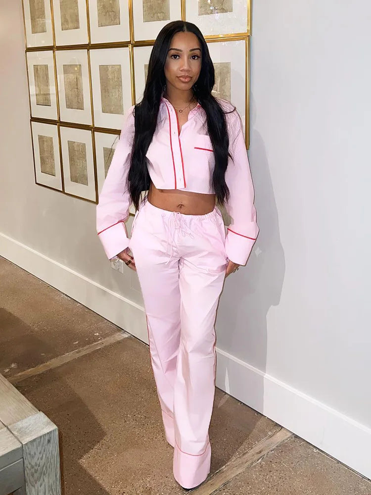 Spring Pink 2piece Set Woman Lapel Long Sleeves Single Breasted Shirts Crop Tops Female High Waist Wide Leg Pant