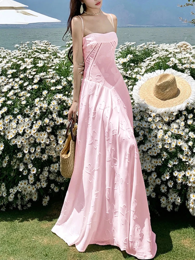 Sweet Pink Long Dresses Spaghetti Strap Laceup Princess Evening Party Dress Summer Holiday Aline Vestidos Robe