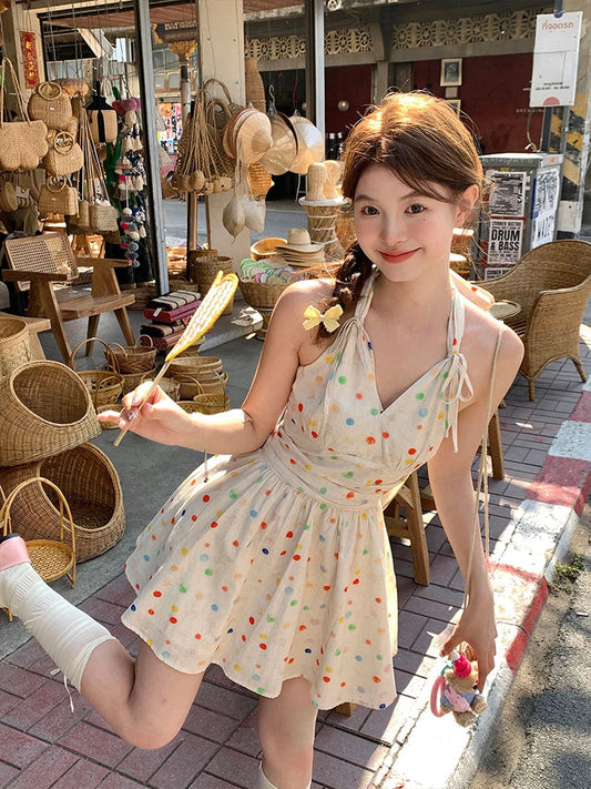 Summer New Sweet Kawaii Dots Mini Dress Retro Sleeveless One Piece Dress Japanese Style Even Party Dress