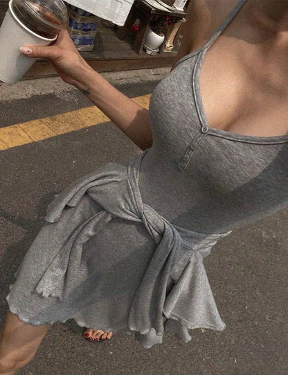 Summer Korean Clothing Short Strap Camisole Dress +short Coat Color Two Piece Sets Outfits