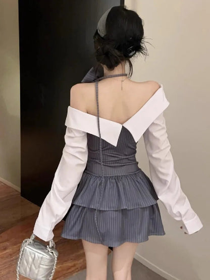 Mini Dresses Patchwork Bow Slim Slash Neck Long Sleeve Patchwork Party Dress