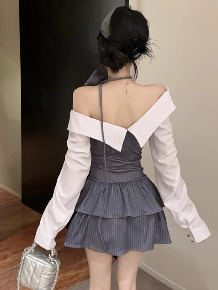 Mini Dresses Patchwork Bow Slim Slash Neck Long Sleeve Patchwork Party Dress