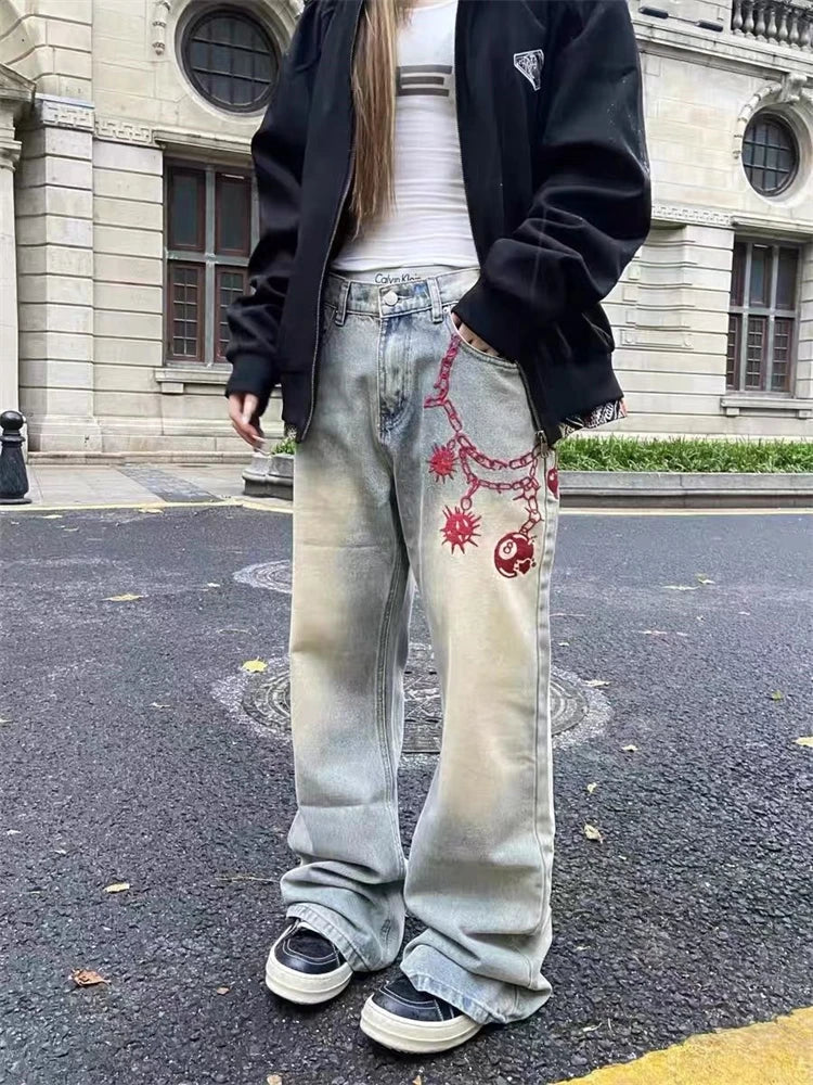 Red Meteor Hammer Wide Leg Jeans Cool Girl Bottoms Loose Denim Trousers Female High Waist Pants