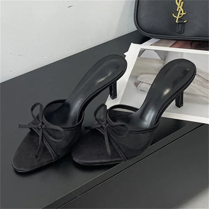Summer Butterflyknot Breathable Holes Mesh Open Toe Woman Slippers Thin High Heels Party Dress Shoes
