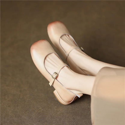Round Toe Pumps Low Heels Genuine Leather Office Working Shoes Woman Spring Summer Retro Style