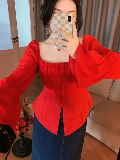 Woman Spring Highend Retro Exquisite Hong Kong Style Slim Fit White Top Design Niche Feel Blouse Top