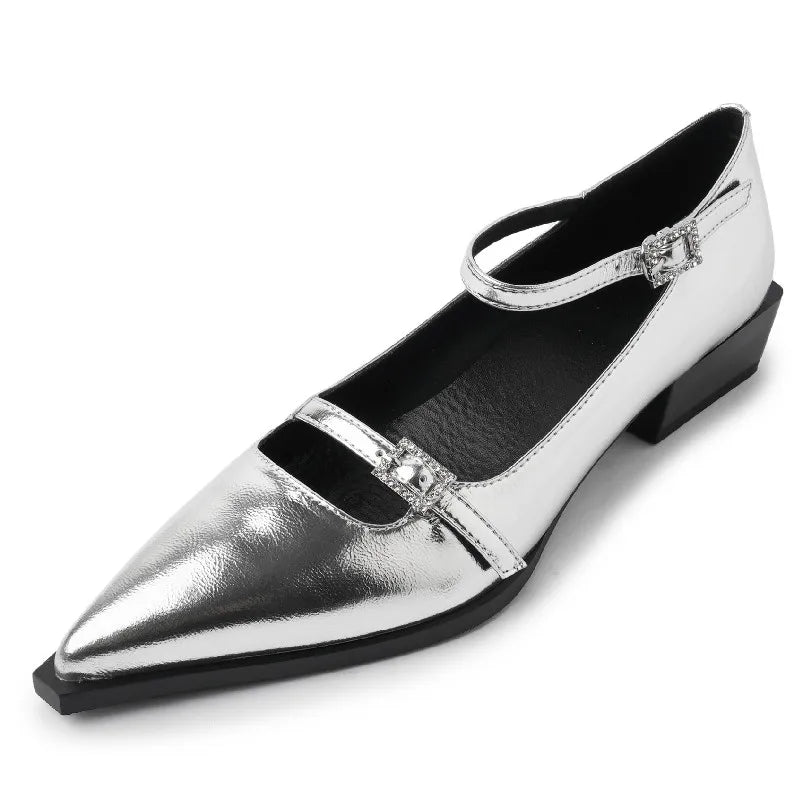 Low Heels Pointed Toe Pumps Genuine Leather Mary Janes Shoes Woman Office