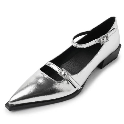Low Heels Pointed Toe Pumps Genuine Leather Mary Janes Shoes Woman Office