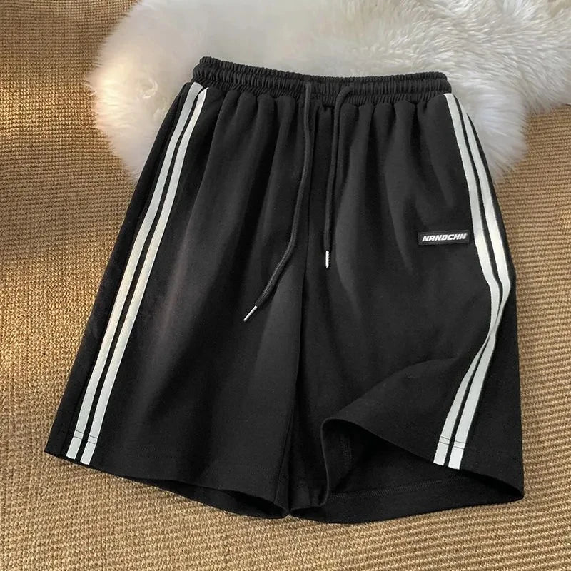 Striped Shorts Summer Loose Wide Leg Shorts Korean Elastic Waist Sports Shorts Bf Couple Oversized