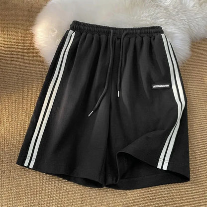 Striped Shorts Summer Loose Wide Leg Shorts Korean Elastic Waist Sports Shorts Bf Couple Oversized