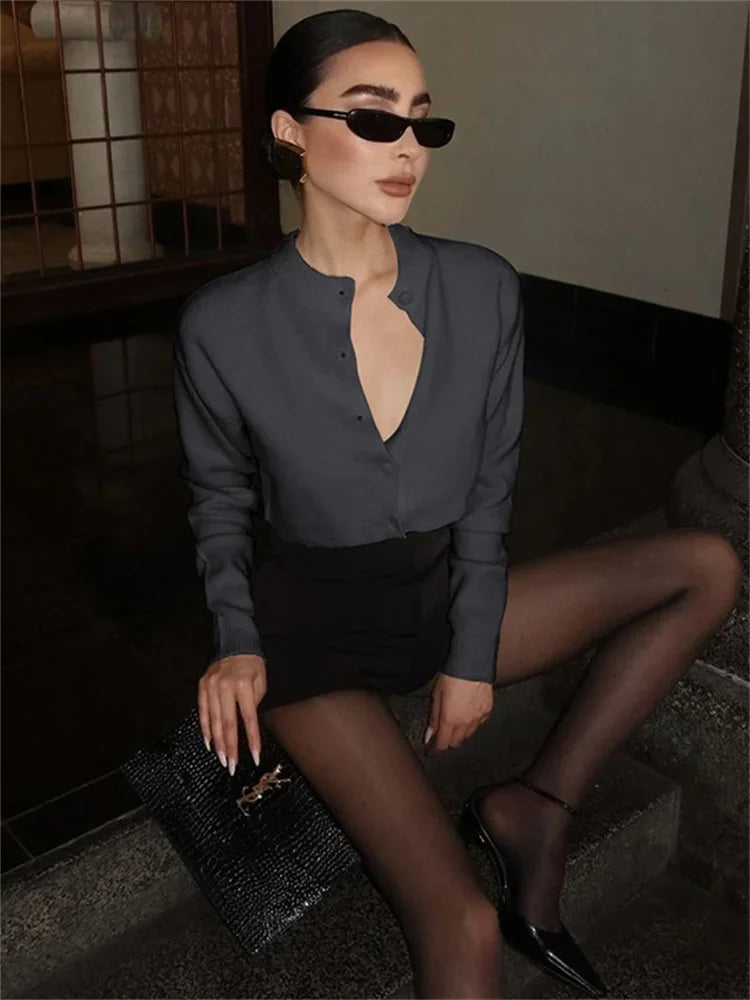 Knit Cardigan Sweater Female Long Sleeve Cropped Top Patchwork Commute Top Knitwear Cardigan