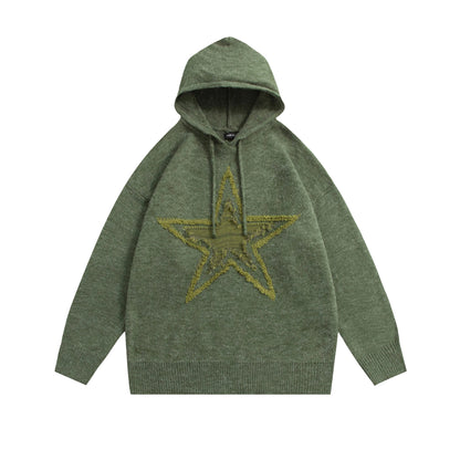 Star Graphic Knitted Hoodie Loose Long Sleeve Sweater Pullover for Autumn Harajuku Tops