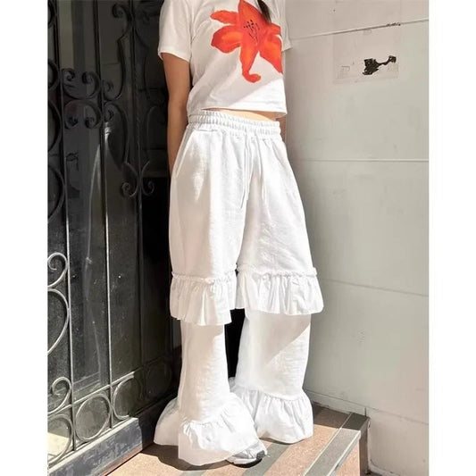 Korean Retro Ruffled Stitching Drawstring Pants Spring and Summer White Flare Pants